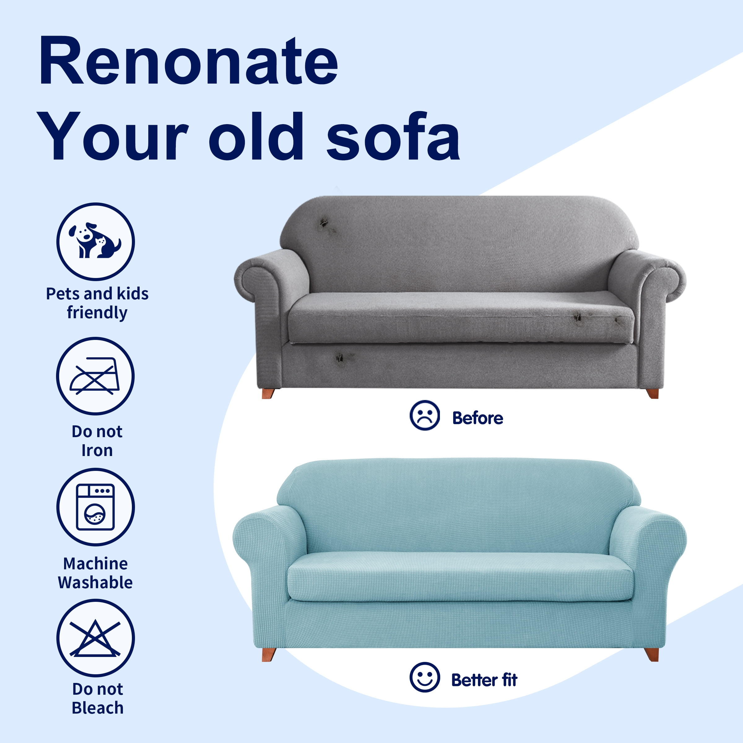 Subrtex Sofa Cover 1 Piece Slipcover with extra Stretch Cushion Seat Cover, Sofa, Steel Blue