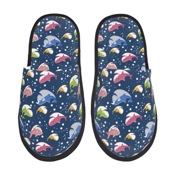 Fotbe Colorful Cartoon Shark Pantuflas Peludas para Mujer con Estampado, Zapatillas de Peluche, Zapatos de Invierno para Casa, Uso Interior y Exterior-Large
