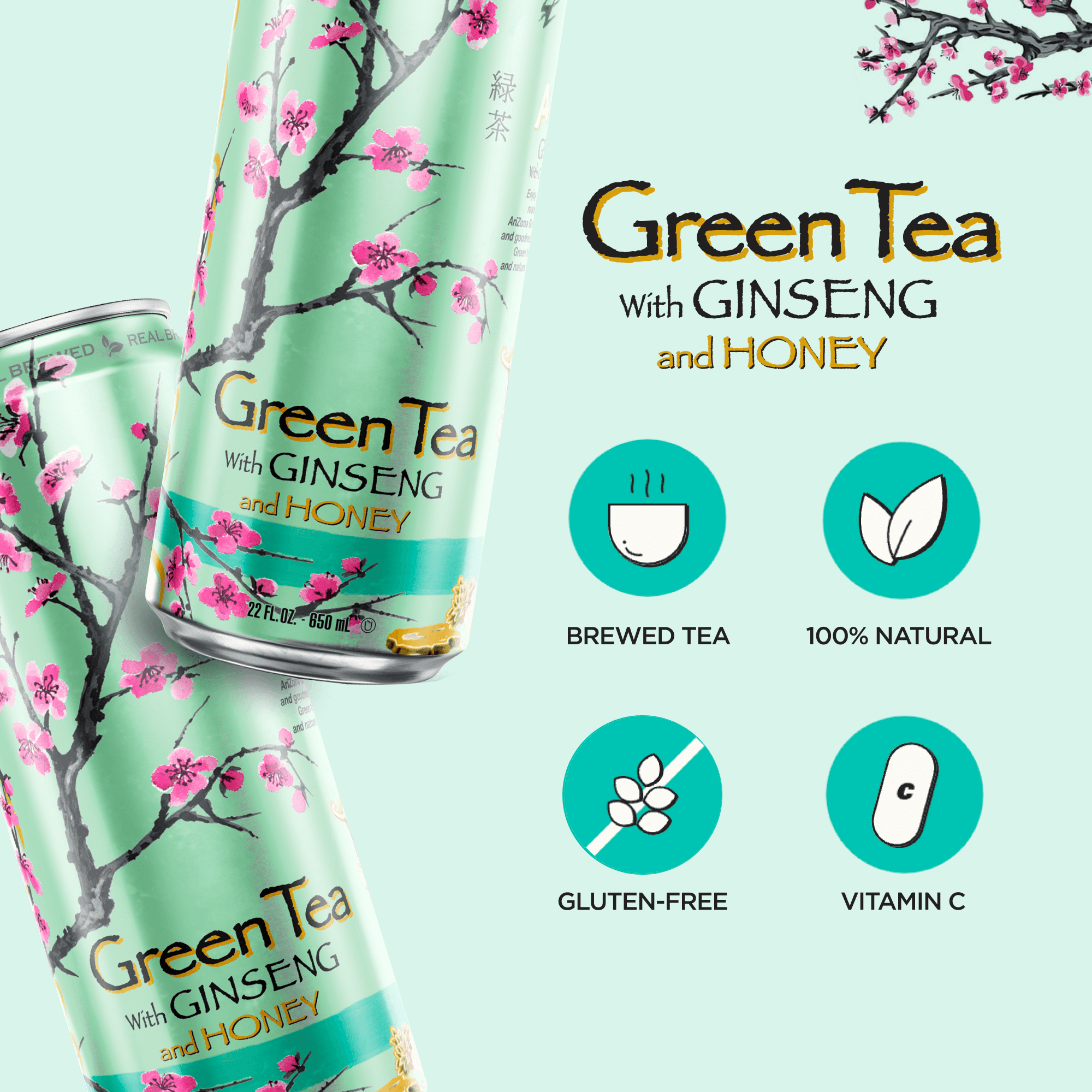 (24 pack) AriZona Green Tea with Ginseng & Honey, Caffeine-Free, 22 fl oz