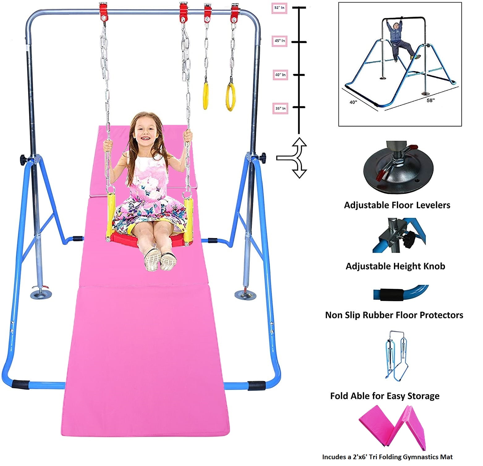 Swing Seat Pink Gymnasts Expandable Junior Training Bar Indoor Foldable Climbing Tower Playground 2 Trapeze Rings GymPros Kids Jungle Gymnastics 4 in 1 Monkey Bars 