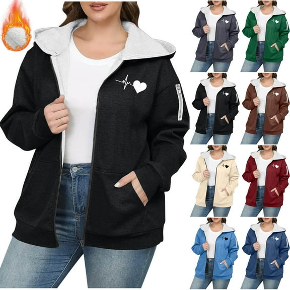 Busydd Plus Size Winter Coats for Women Oversized Fashion Love Heart Print Womens Fleece Jacket Casual Comfy Warm Long Sleeve Zip Up Hoodies with Pockets L