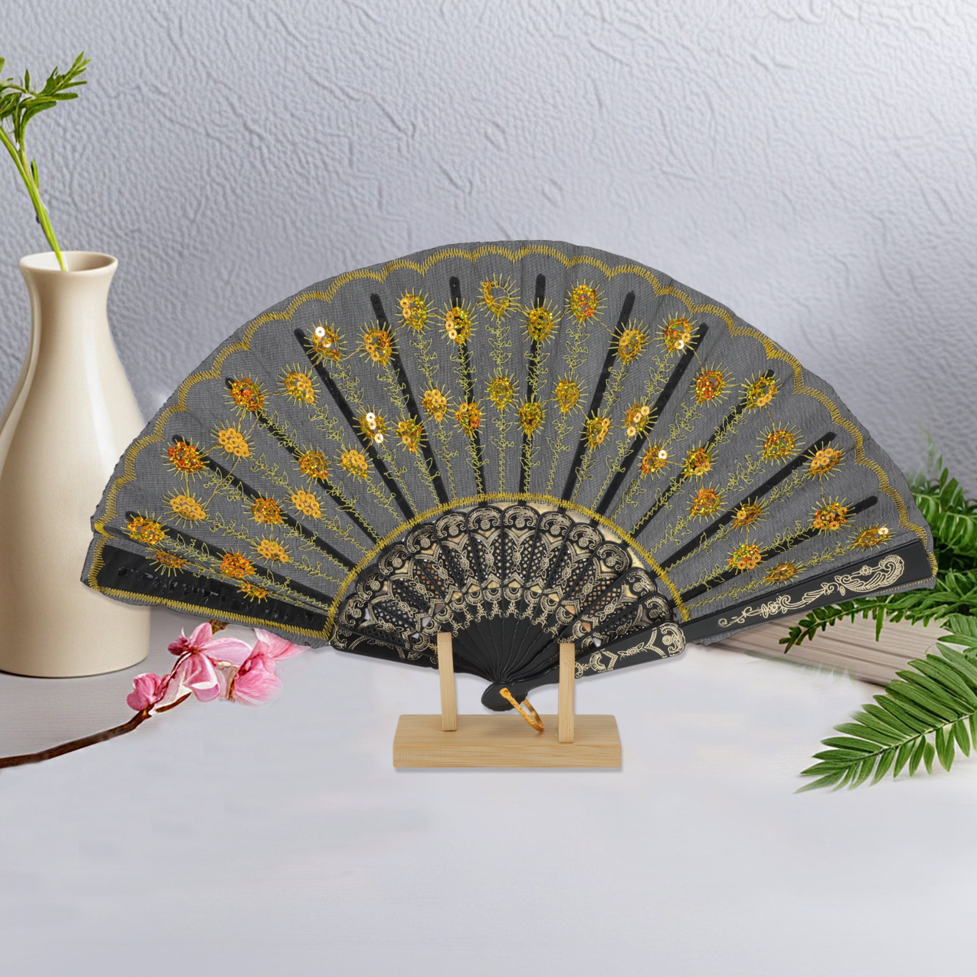 Unique Bargains Beautiful Sequins Folding Fan 1 Pc Yellow