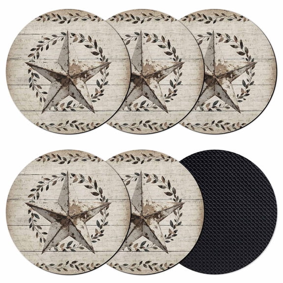 Western Stars Farmhouse Coasters Set of 6, Absorbent Coasters for Drinks, Vintage Wheat Rings Wooden Stripes Coaster for Desk Coffee Table Protection, Home Decor House Warming Gifts 4"