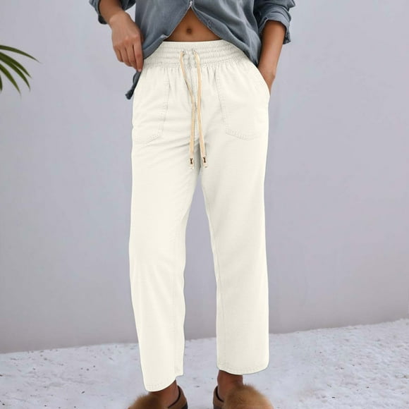 Women's Casual Pants High Waisted Loose Fit Boyfriend Jeans Elastic Waistband Wide Leg Comfortable Daily Vacation Wear Workout Pants with Pockets for Women Womens Casual Pants Drawstring Waist Solid