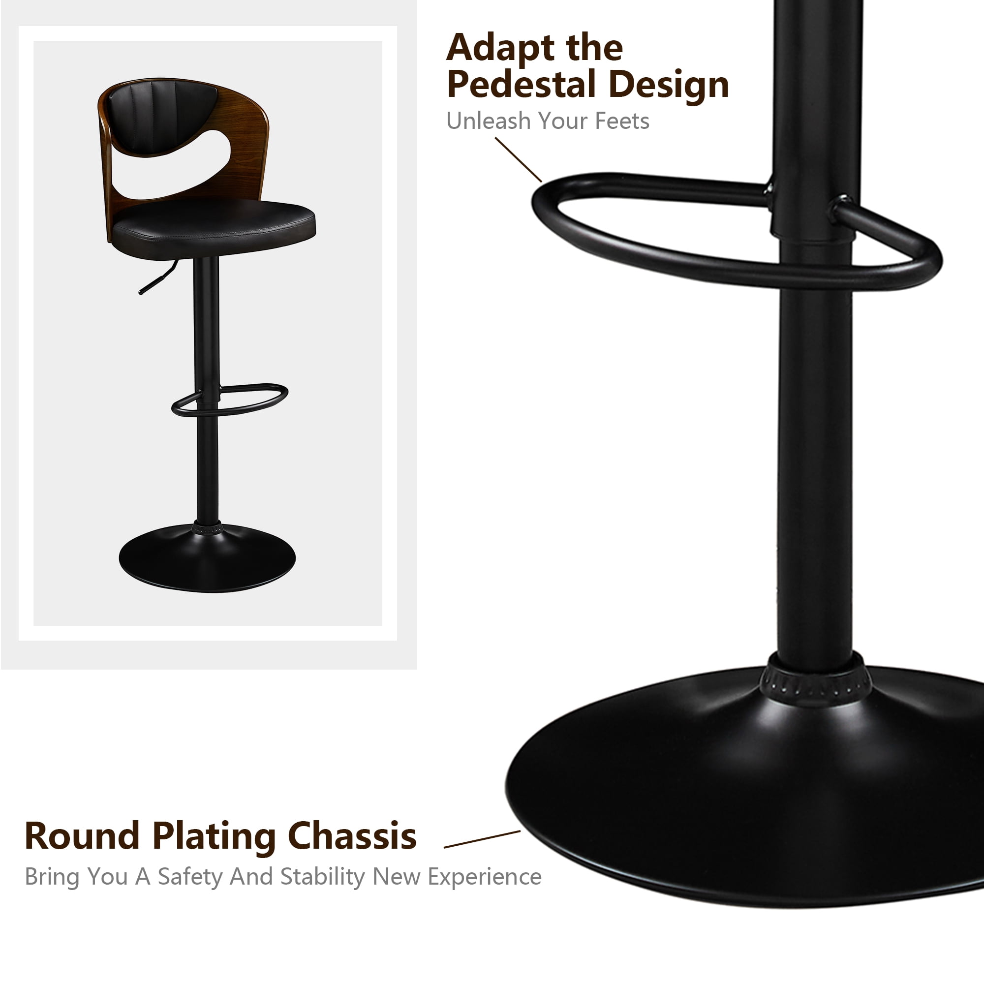 VECELO Mid-Century Bar Stools Set of 4, Modern Swivel and Adjustable Counter Height Kitchen Bar Chair with Bentwood Back, Black