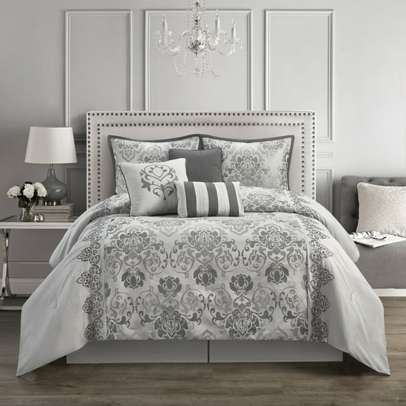 Lanco Ariana Damask 7 Piece Comforter Bedding Set, Grey, Size Queen, Fill Polyester, All Season Bedding Set