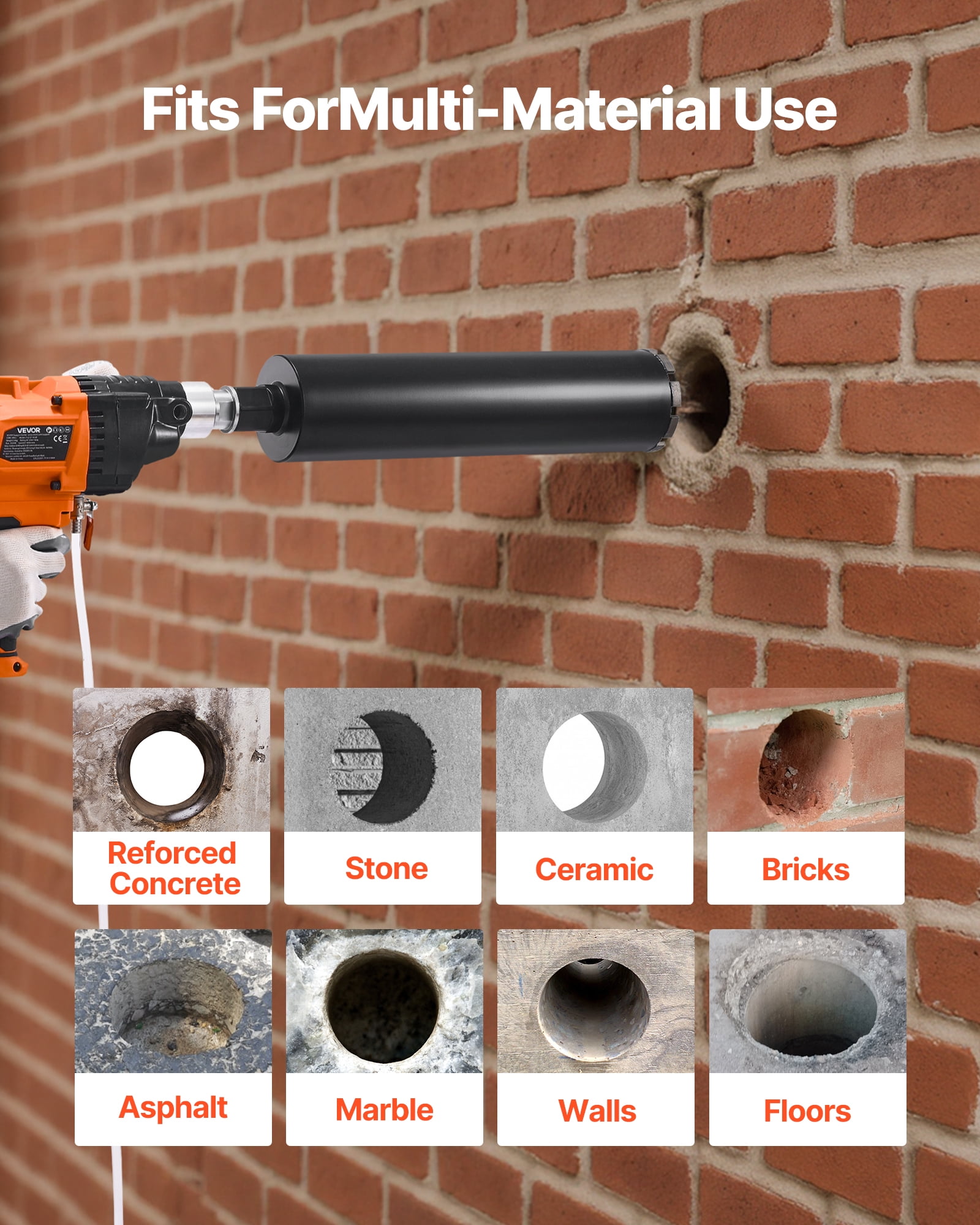 VEVOR Diamond Core Drilling Machine, 0.8-6.3 in Drilling Diameter, Handheld Dry and Wet Concrete Core Drill Rig with 4 Drill Bits, 0-1800RPM Variable Speed, UNC1 1/4-7, for Concrete Brick Stone,2000W