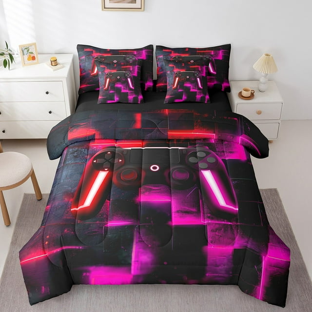 YST Girls Gamer Bedding Set, 7-Piece Twin Size, Modern Neon Grid Comforter Set, Gaming Video Game Theme, Black Pink Red