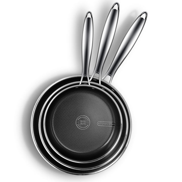 Set of three Kitchen Star Cladtec Series non-stick fry pans in sizes 20, 26 and 30 centimeters with stainless steel handles.