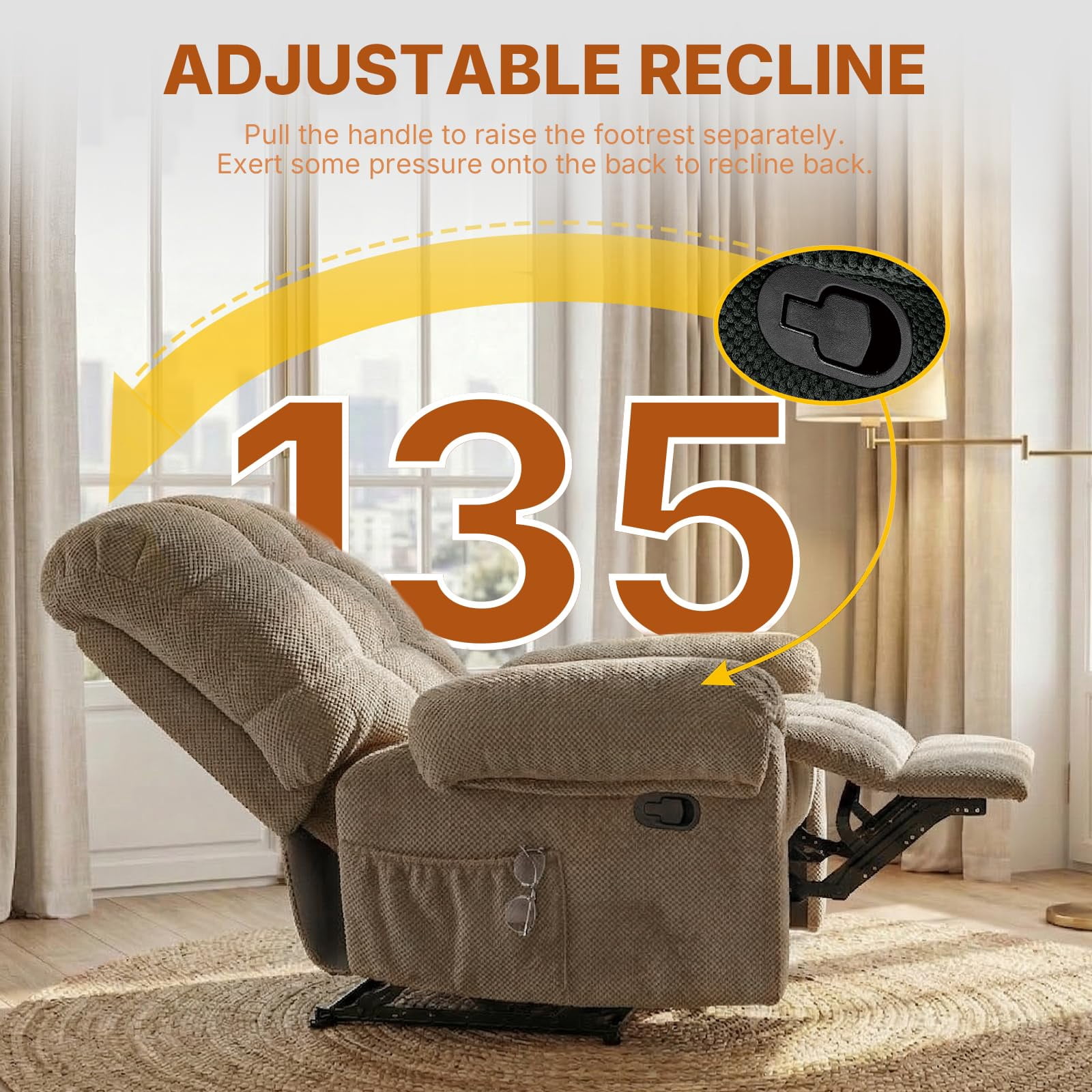 36'' W Camel Comfy Manual Rocking Recliner Chair, Ergonomic Pain Relief w/Pockets, Reading Napping Small Apt Bedroom Living Room, Gift for Mom Dad