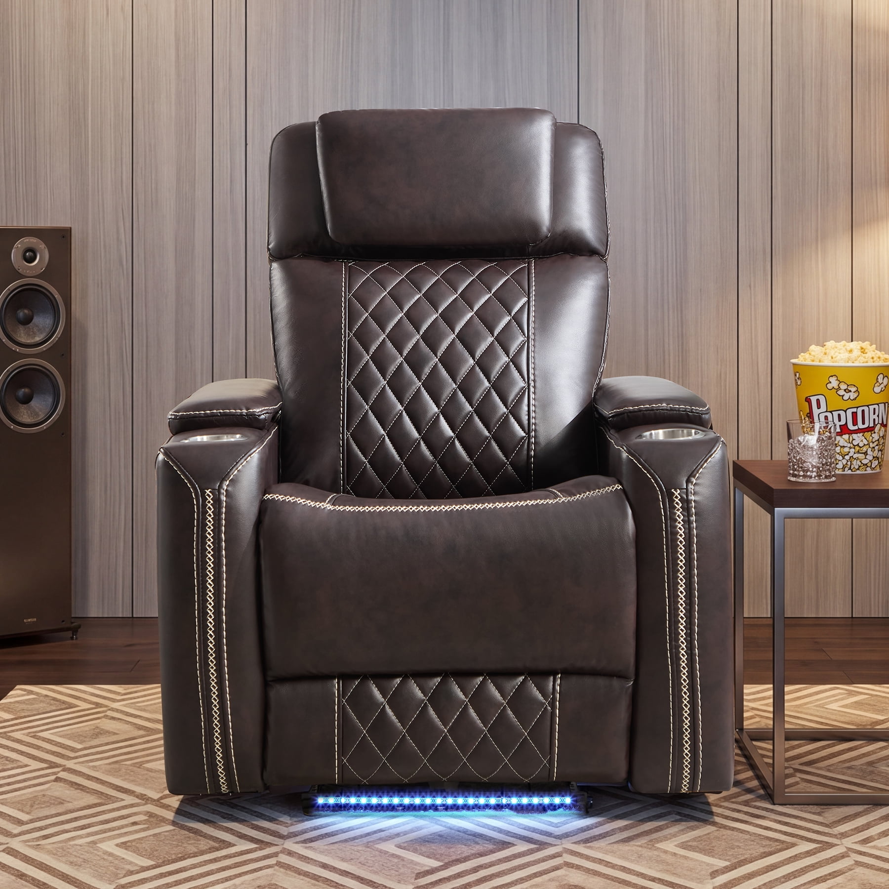 Ebello Dual Motor Power Recliner Chair, Faux Leather Electric Reclining Chair with LED Light Strip, USB Port, Cup Holders & Hidden Storage, Oversized Headrest for Home Theater, Brown