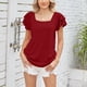 thumbnail image 2 of Camiseta de mujer Cuello cuadrado Color puro Volantes Manga corta Blusa superior para viajes de verano Rojo vino M, 2 of 6
