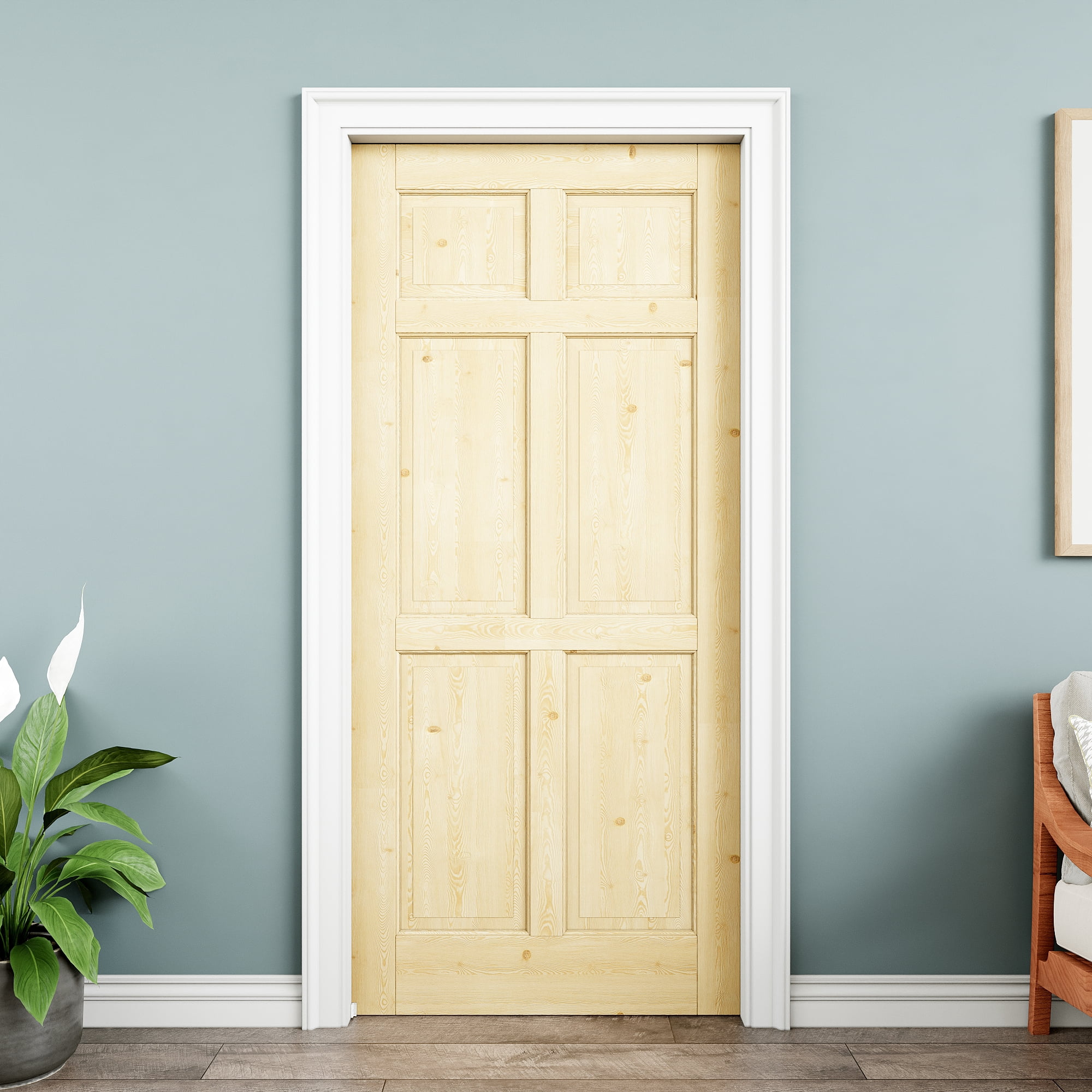 32" x 80" 6-Panel Pine Wood Interior Double Pocket Door, Natural Pine Wood, Paintable & Waterproof, As Laundry Doors, Closet Doors, Room Doors