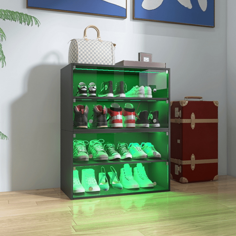 Shoe Display Cases with RGB LED Lights, 3-Tier Shoe Storage Cabinet with  Sliding Glass Door, Wooden Stackable Shoes Rack Shoe Storage Organizer for