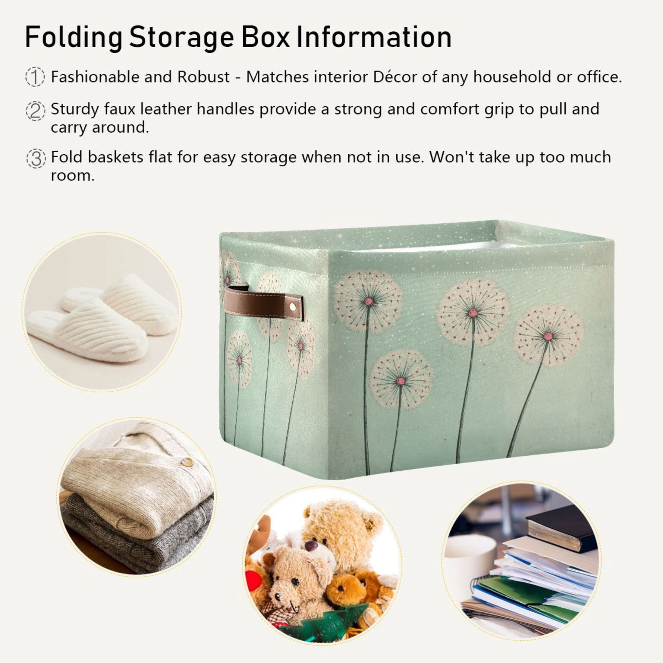 Large Dandelions Foldable Storage Basket,Canvas Fabric Foldable Storage Bins with Handles Open Home Storage Bins Boxes for Toy Book Shelf Closet Baskets