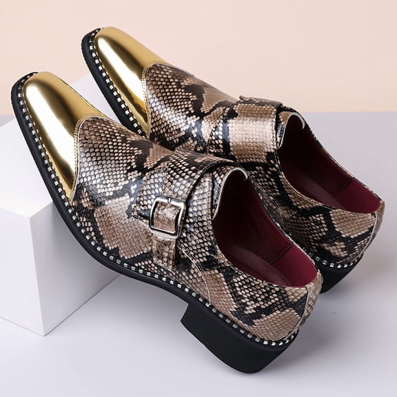 Metallic Toe Snake Print Monk Strap Rivet Edge Formal Dress Shoes