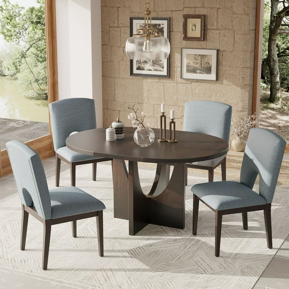 EUROCO 5-Piece Extendable Round Dining Table Set for 4, 57.1" Kitchen Table Set with 4 Upholstered Chairs and Removable Leaf for Saving Space,Espresso