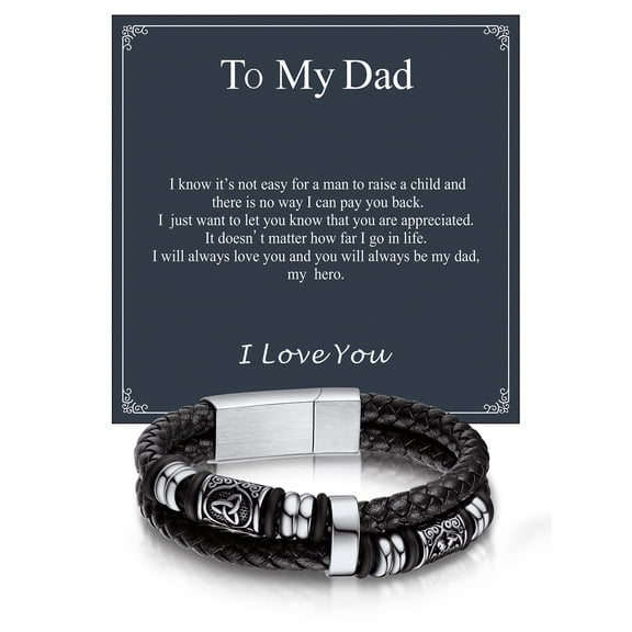 Bandmax 7.48'' Black Leather Bracelet for Men Double Wax Rope Cuff Norse Style Celtic Knot Beads Link Wristband Gift with Card for Dad on Father's Day