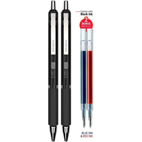 Zebra Pen G-350 Retractable Gel Pen in Black Rapid Dry Ink, with 2 Bonus Refills, Blue and Red, 0.7 mm, 2-Pack