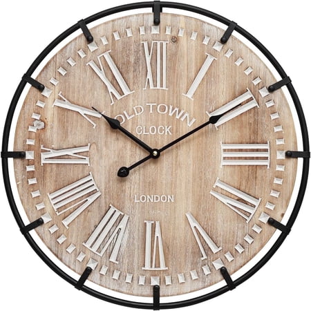 MODE HOME 24 inch Farmhouse Rustic Wall Clock, Silent Battery Operated with Metal Circle and Engraved Numerals
