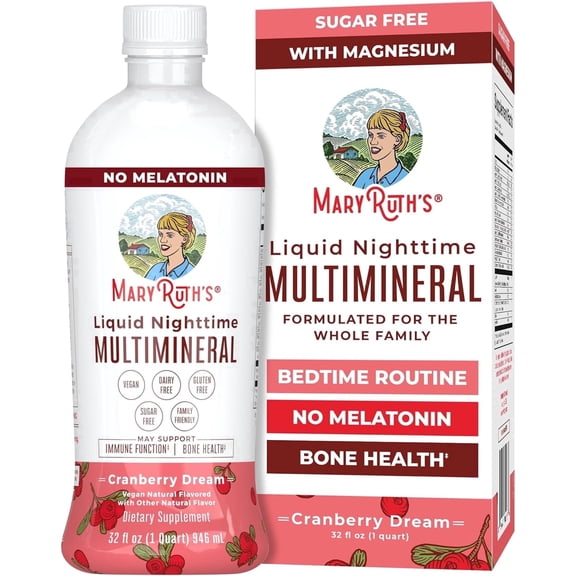 MaryRuth's Nighttime Multimineral Supplement, Magnesium for Sleep Support, Vegan, Gluten-Free, Cranberry Flavor, 32 fl oz