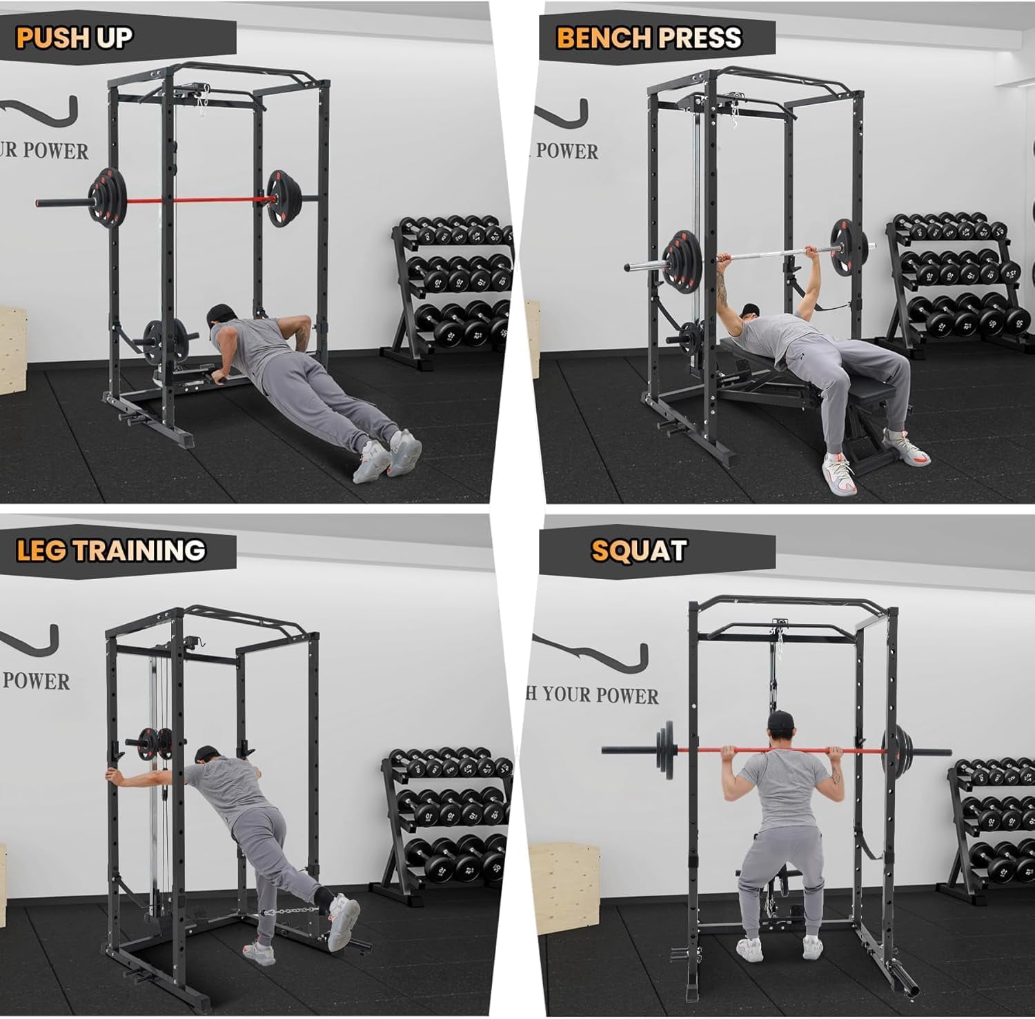 Power Cage with Pulley System, Compact Home Gym Strength Rack with Heavy-Duty Steel Frame, Integrated Safety Design and Multi-Function Attachments for Full-Body Training