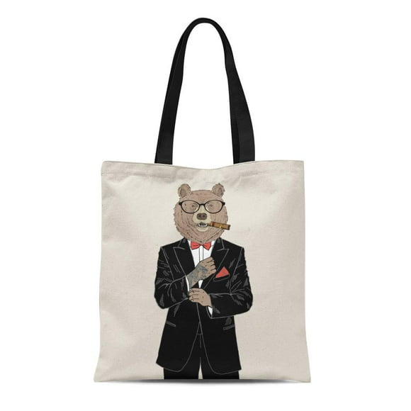JSDART Canvas Bag Resuable Tote Grocery Shopping Bags Hipster Brown Bear Dressed Up in Tuxedo Anthropomorphic Cool Suit Hand Tote Bag