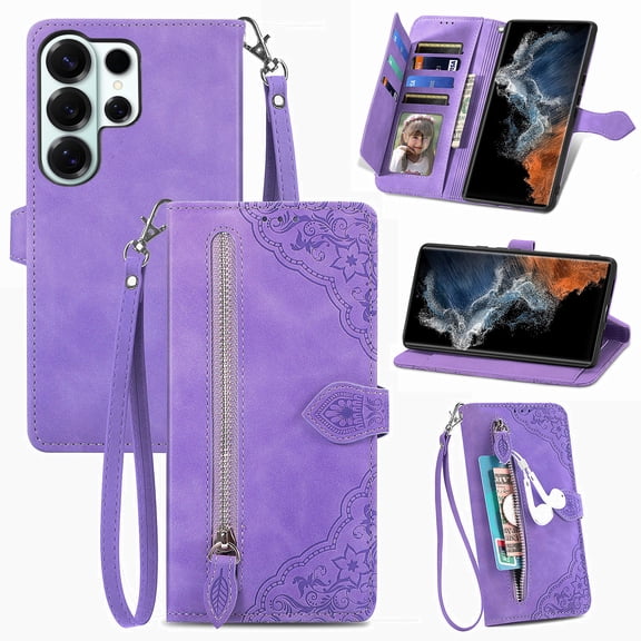 Allytechgroup Wallet Case for Samsung Galaxy S26 Ultra, Embossed Luxury PU Leather Case with Kickstand & Card Slots, Slim Zipper Pocket Detachable Wrist Strap Magnetic Clasp Anti-Drop Case, Purple