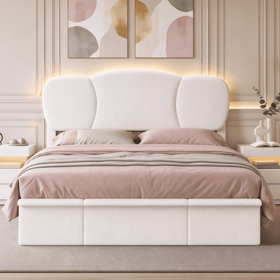 Pinmoco Queen Bed Frame with Adjustable Headboard, LED Chenille Upholstered Platform Bed Frame, No Box Spring Needed, Cream White