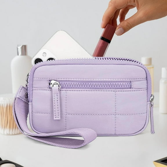 Women's Nylon Wristlet Wallet with Quilted Design and 3 Zipper Compartments, Travel Card Holder with Strap for Everyday Use