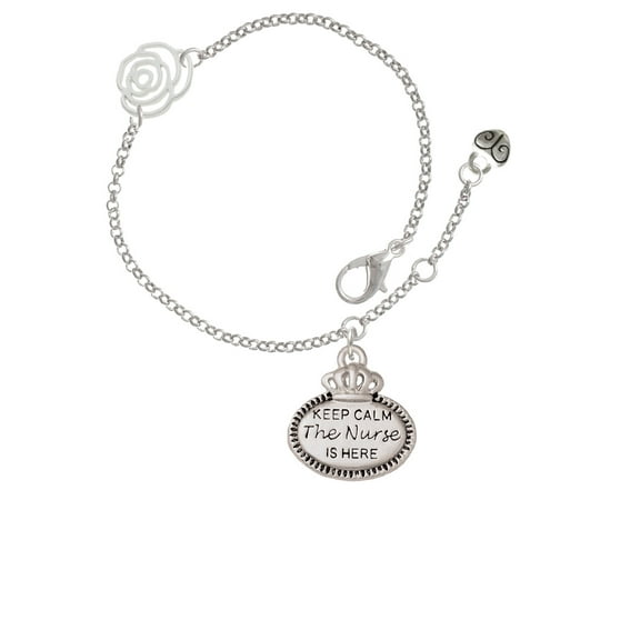 Delight Jewelry Silvertone Keep Calm The Nurse is Here Silver-tone Rose Link Chain Bracelet, 6.25" 1.75" Extender