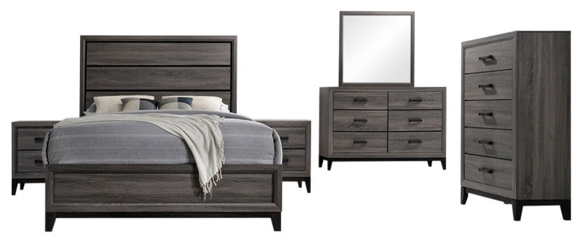 Asheville 6 Piece Bedroom Set, King, Gray Wood, Modern (Panel Bed, Dresser, Mirror, Chest, 2 Nightstands)