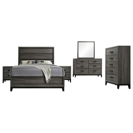 Asheville 6 Piece Bedroom Set, King, Gray Wood, Modern (Panel Bed, Dresser, Mirror, Chest, 2