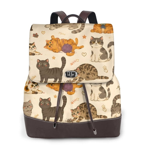 Cute Kawaii Cat Women's Leather Backpack All-Over Print Bag for Work and Travel