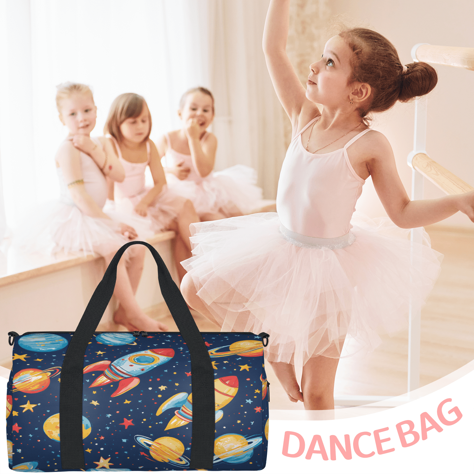 Herdesigns Universe Planet Rocket Gym Bag for Women, Duffle Bag for Travel Sport, Outer Space Lightweight Waterproof Carry on Weekender Dance Yoga Workout Bags