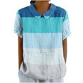 thumbnail image 2 of BRGZLK Womens Cotton Linen Top 2025 Summer Fashion Color Block Graphic Blouse Loose Casual Short Sleeve Lapel Tunic Blue S, 2 of 5