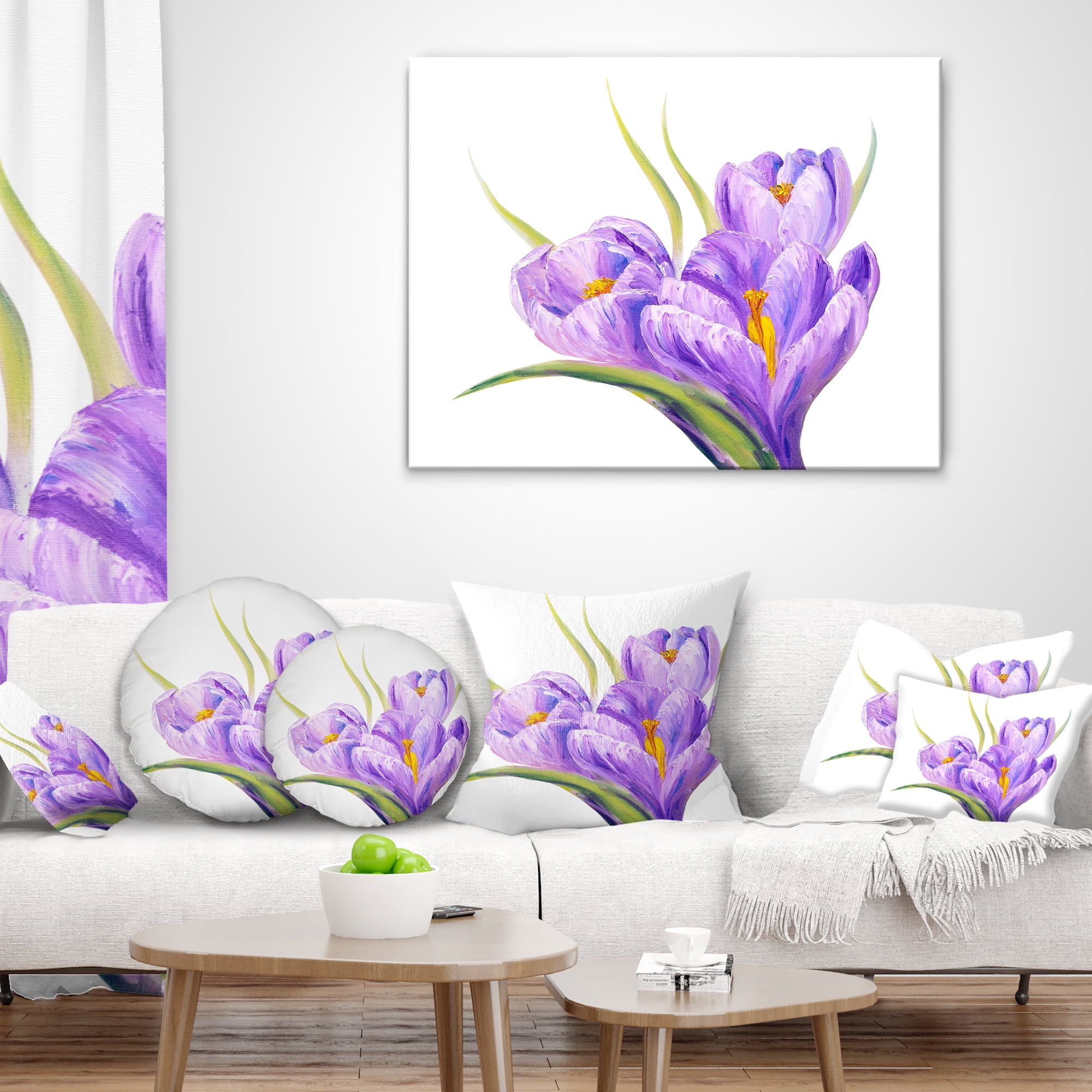 Designart Crocuses in White Background - Floral Throw Pillow - 18x18