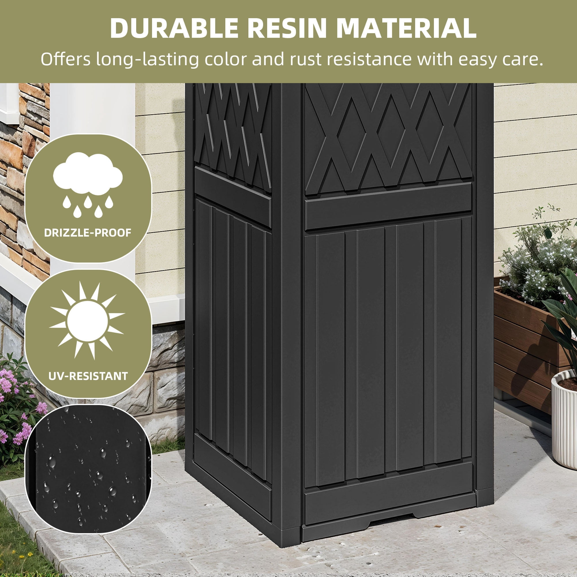Uforic 32 Gallon Large Outdoor Trash Bin, Waterproof Garbage Can with Lid and Drip Tray for Porch, Backyard, Patio, Black