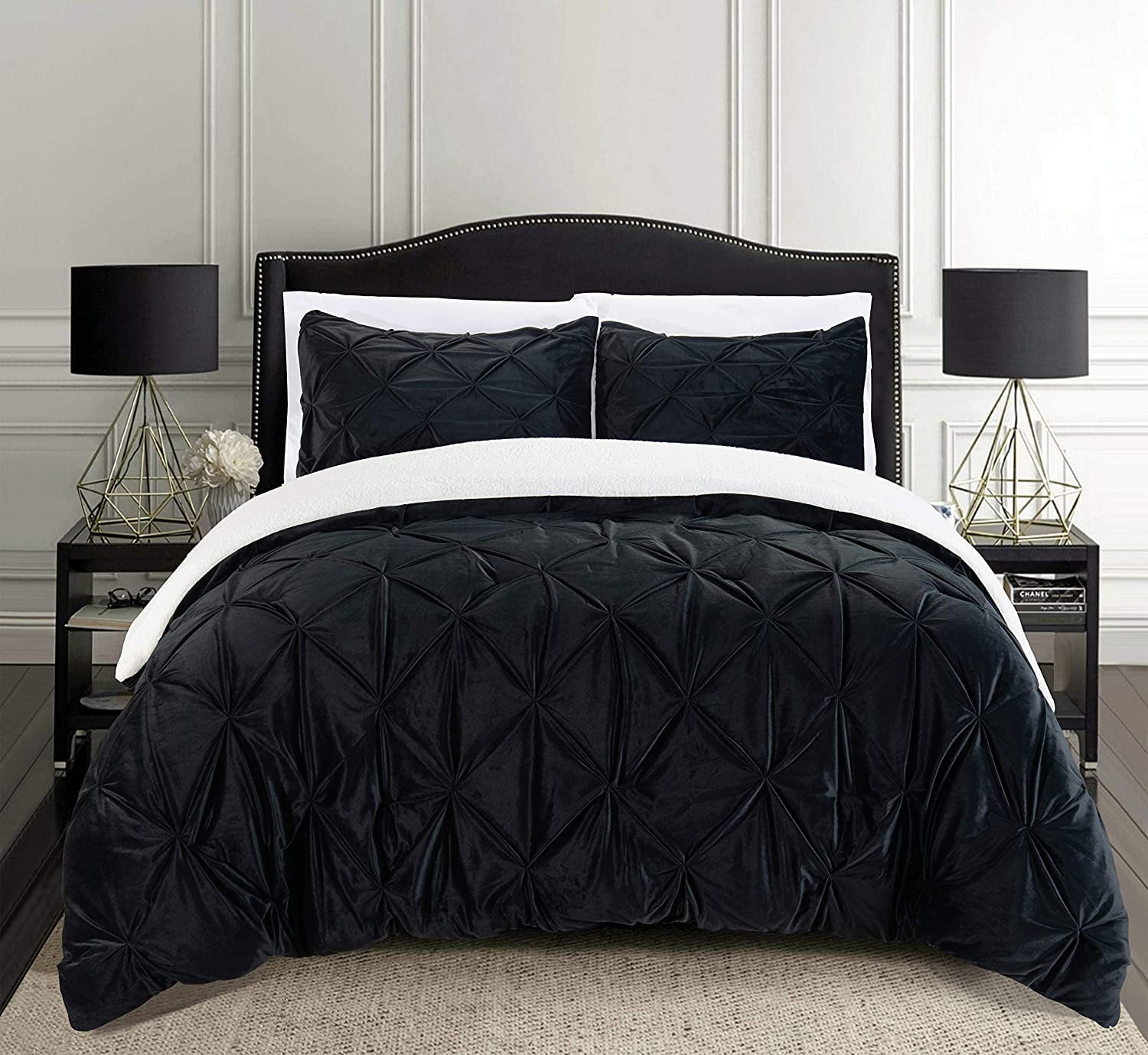 Celine Linen Micromink Pintuck & Pinch Pleated Sherpa Comforter Set, Micro-Suede 3-Piece Reversible Comforter Set, King/Cal King, Black
