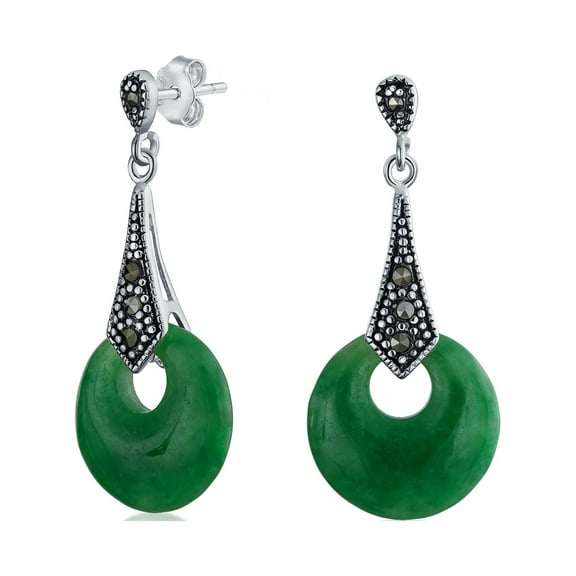 Bling Jewelry Womens Asian Style Good Fortune Marcasite Green Jade Dangle Gemstone Earrings Silver