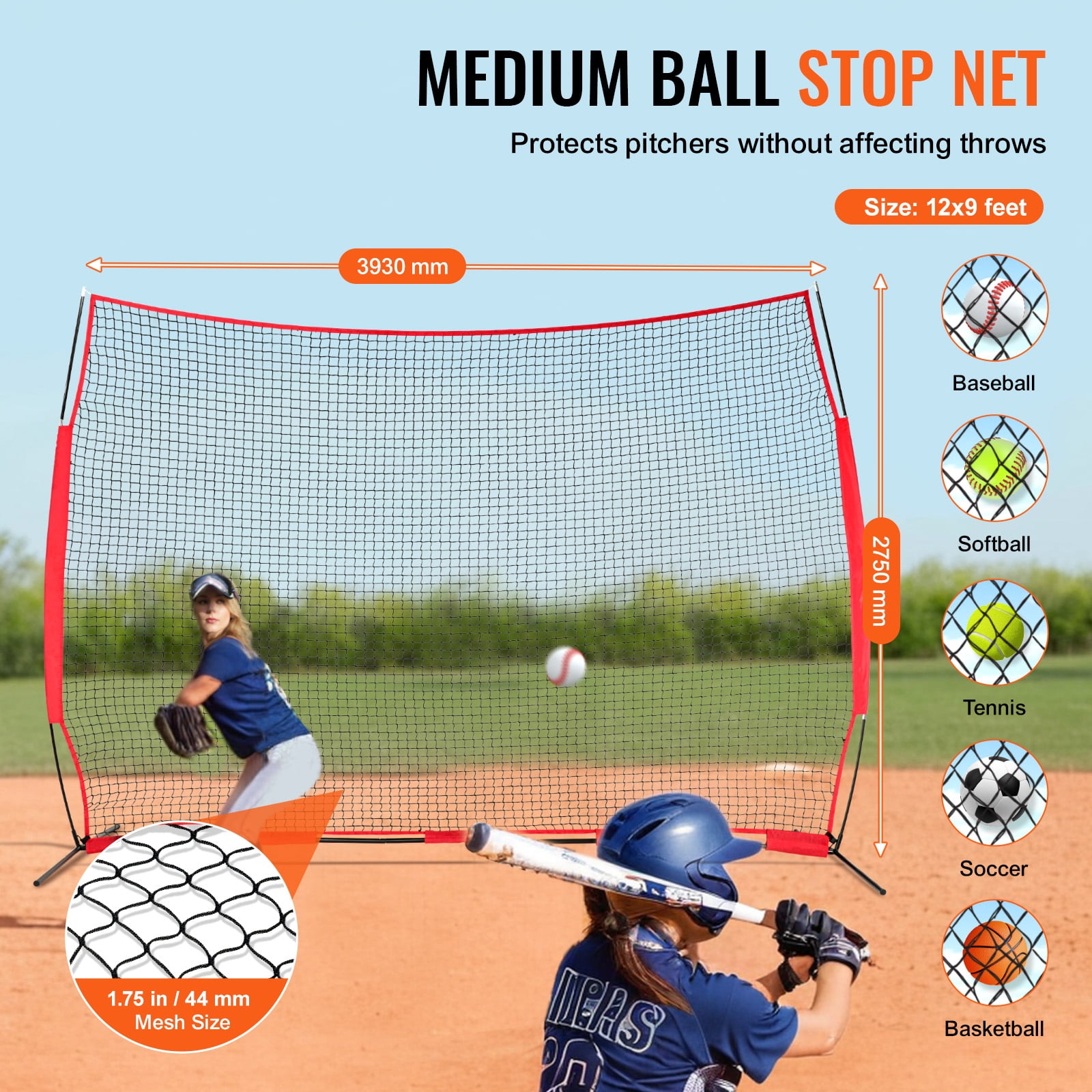 KFFKFF Barricade Backstop Net,12x9ft Portable Barricade Tailgate Net Sports Ball Obstacle Softball Practice Net w/ Carry Bag for Baseball Softball Lacrosse Soccer Hockey Training