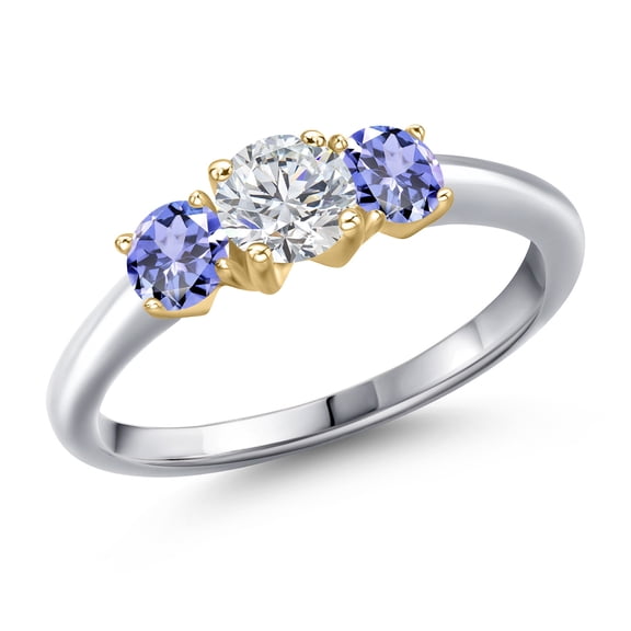 Gem Stone King 10K Two Tone Gold Lab Grown Diamond and Blue Tanzanite Engagement Ring for Women | 1.10 Cttw | Round 5MM | Gemstone April Birthstone | Size 6