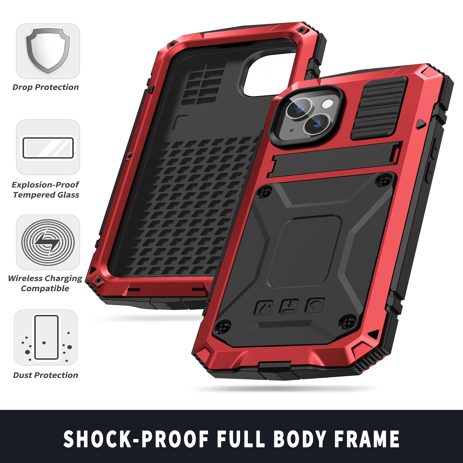 ELEHOLD for iPhone 14 6.1 Inch 2022 Case, Heavy Duty Armor Built-in Explosion-Proof Tempered Glass Screen Protector Wireless Charging Hang Rope Hidden Kickstand Shockproof Rugged Case,Red