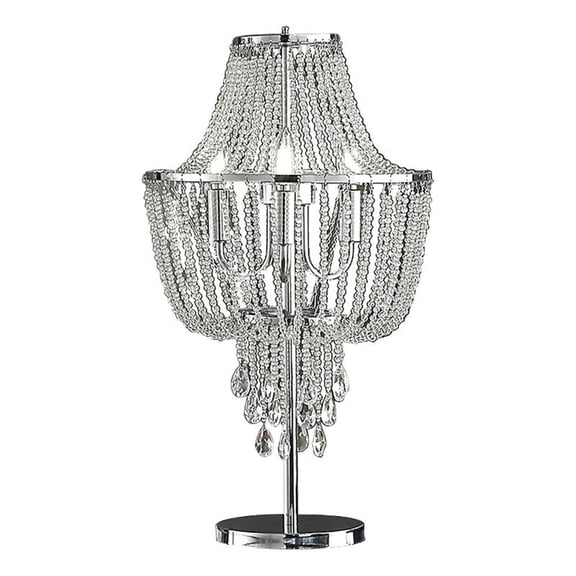 Benjara Cara 27" Table Lamp- Hanging Drop Design- Crystal and Metal- Chrome