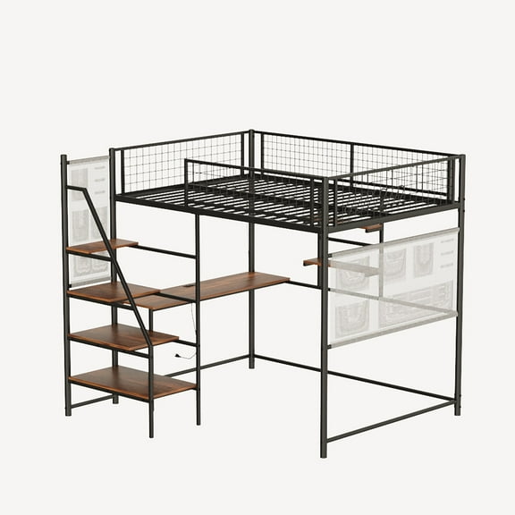 Full Size Metal Loft Bed with Built-In Charging Station and LED Light, Black Frame for Bedroom and Dormitory