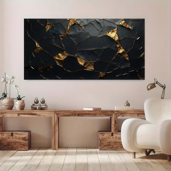 Modern Abstract Black and Gold Canvas Wall Art Framed 48x24 Inch Large Decorative Painting for Living Room Bedroom Office Home Decoration