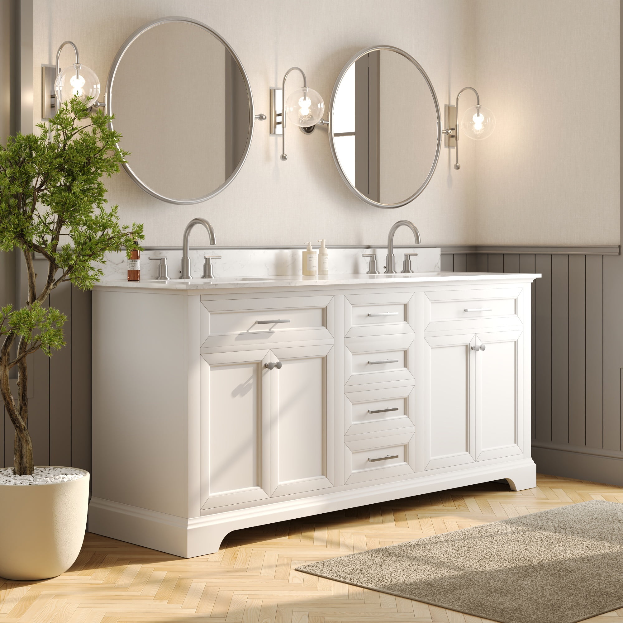 72" Bathroom Vanity Double Sink Top with Backsplash, Pre-assembled Cabinet Sink Combo White
