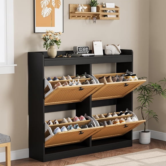 Ourlova Shoe Storage Cabinet with 4 Flip Drawers Wood Shoe Cabinet with Rattan Doors and Adjustable Shelves Freestanding Shoe Organizer Black