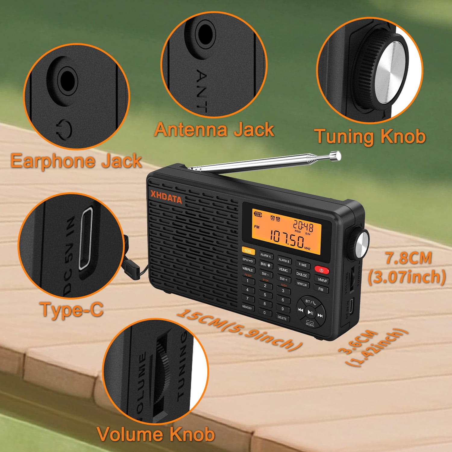 XHDATA d-109wb FM/MW/LW/SW/NOAA Global Band Emergency Radio with  Bluetooth MP3 Music player,TF card, LCD Backlight,SOS