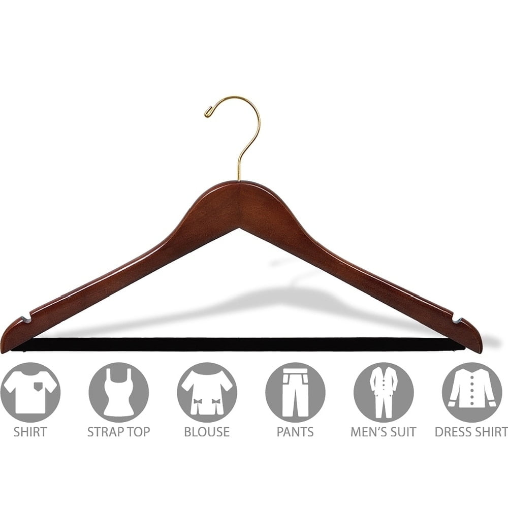 Wood Suit Hanger w/ Velvet Non-Slip Bar, Box of 100 Space Saving 17 Inch Flat Wooden Hangers w/ Walnut Finish & Brass Hook & Notches for Shirt Dress or Pants by International Hanger